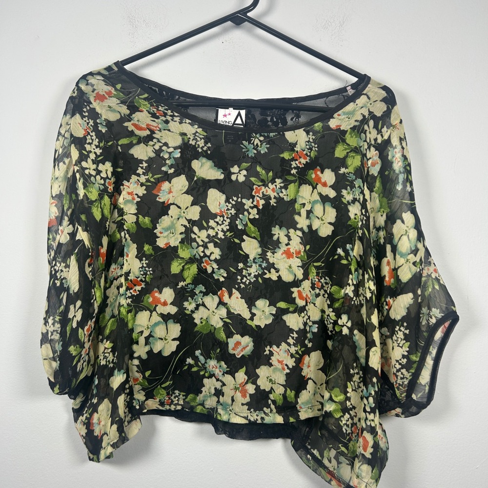 Living Doll Blouse Womens M Black Floral Sheer Lace Back Top Y2K Boho Festival